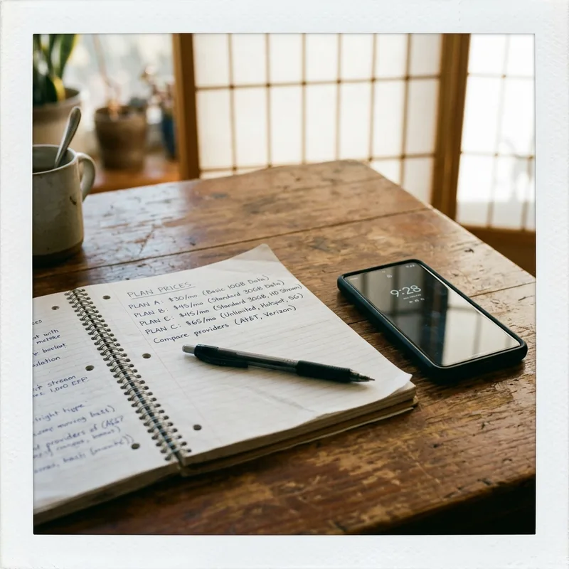 A notebook of handwritten plan prices beside a phone on a wooden table