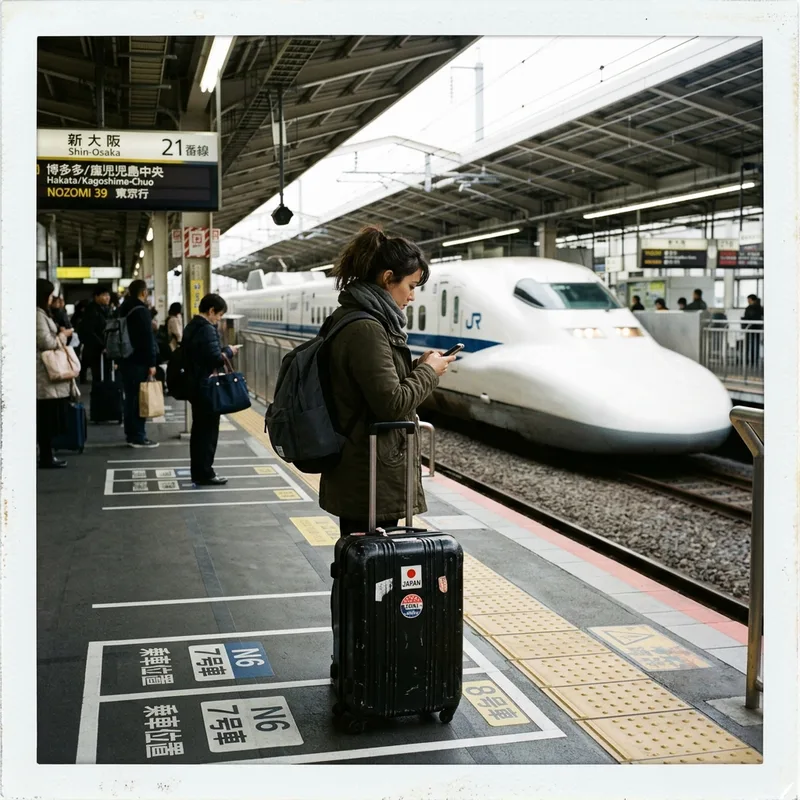 Traveler using a phone on a Shinkansen platform as a train pulls in