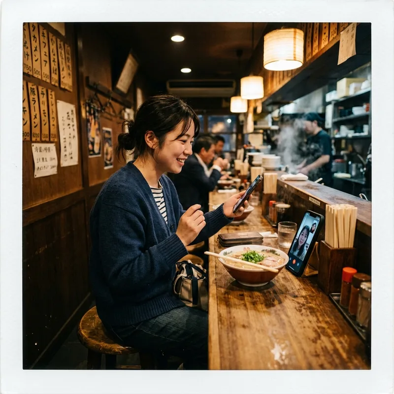 Traveler on a video call at a counter seat in a small Japanese ramen shop at night