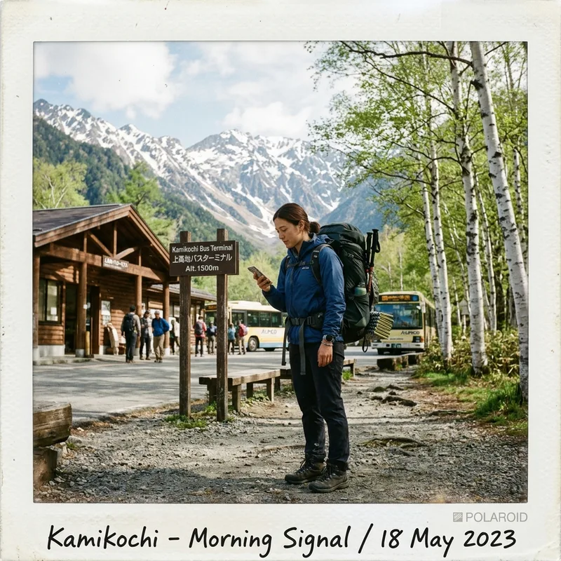 Traveler checking a phone signal at a mountain bus terminal in the Japanese Alps