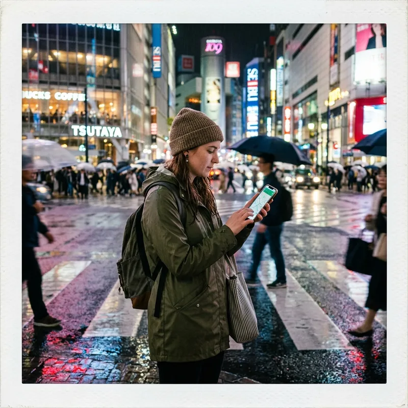 Traveler checking a phone under the neon signs of a Tokyo street crossing at night
