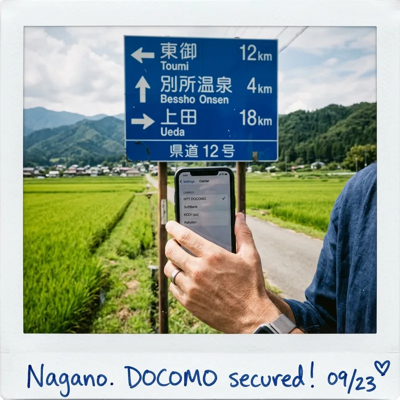 A phone showing carrier selection settings held up beside a rural Japanese road sign