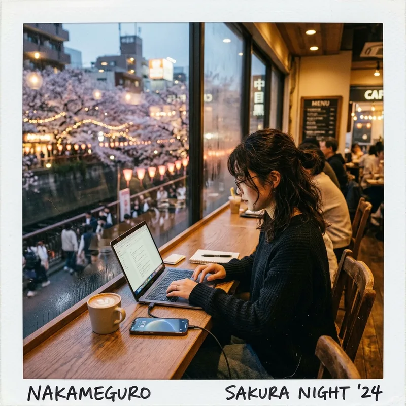 Traveler working on a laptop tethered to a phone at a cafe window in Tokyo