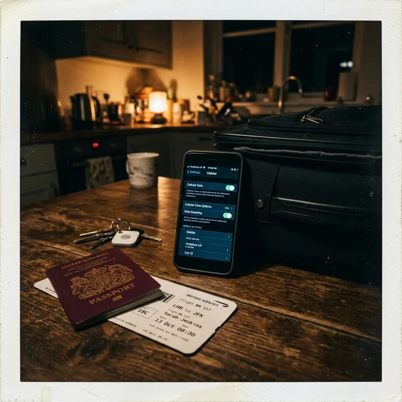A phone showing cellular settings on a kitchen table beside a passport and boarding pass