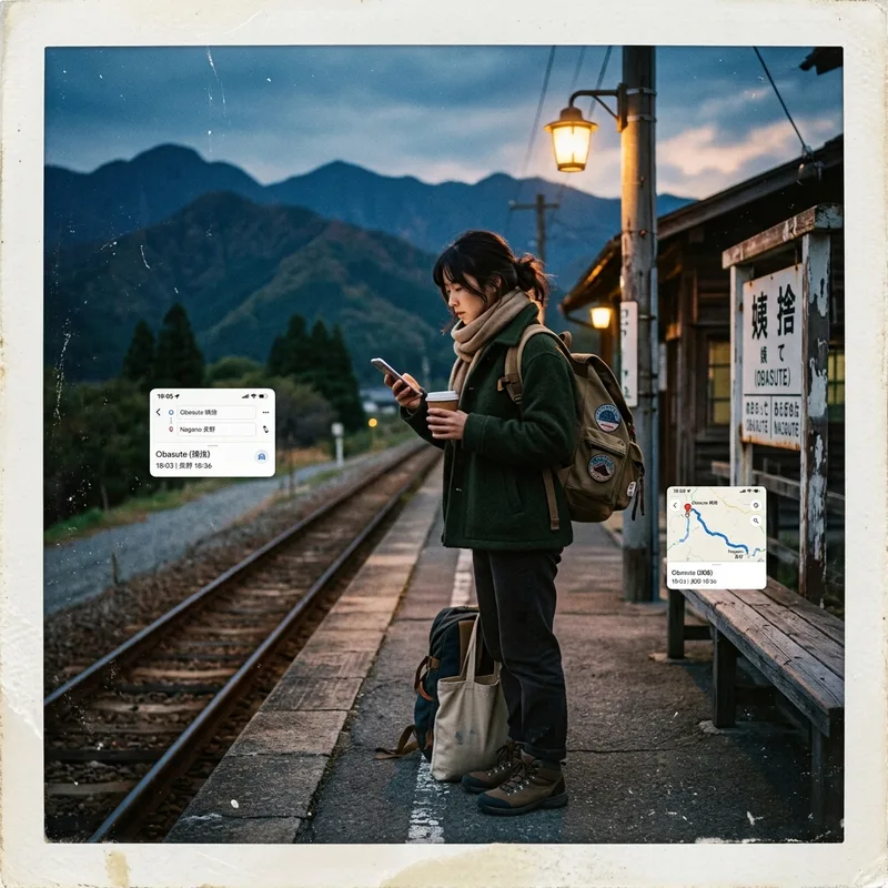 Traveler holding a phone showing a route map on a rural Japanese railway platform at dusk