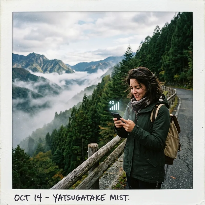 Traveler holding a phone showing full signal bars on a mountain road above a Japanese valley