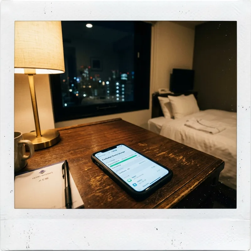 A phone showing a data usage screen resting on a hotel desk in Japan at night