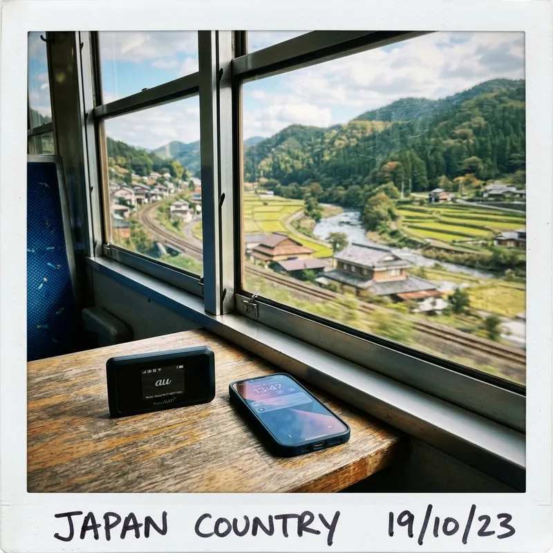 A pocket wifi router and a phone side by side on a train table with a Japanese landscape passing