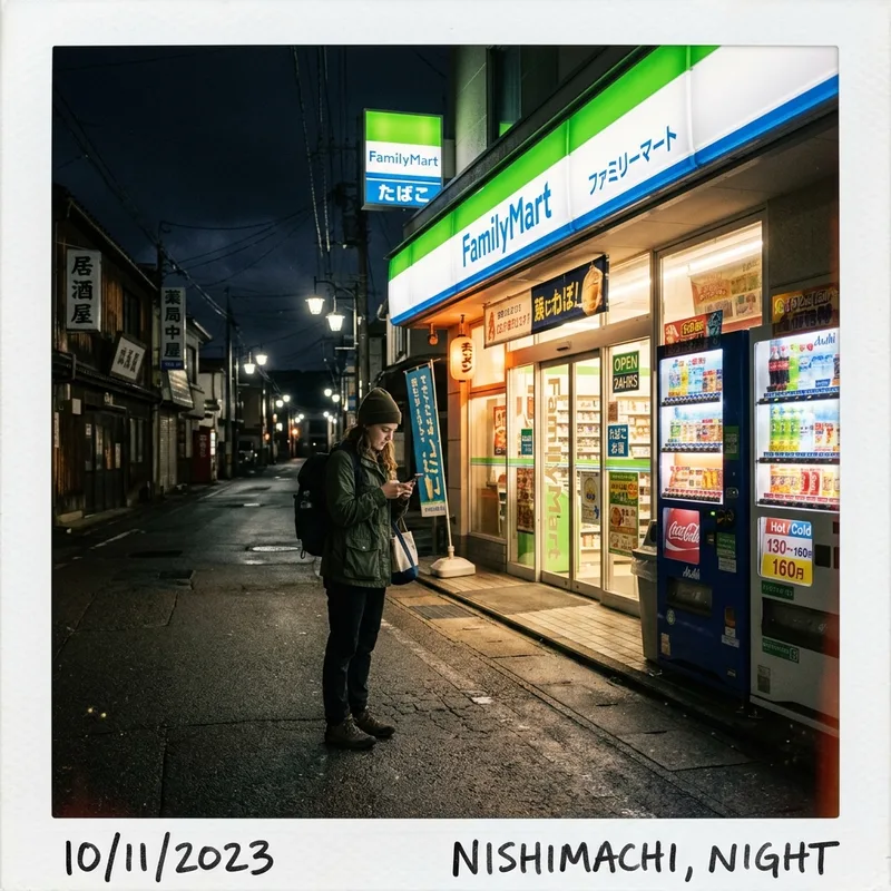 Traveler checking a phone beside a convenience store at night in a small Japanese town